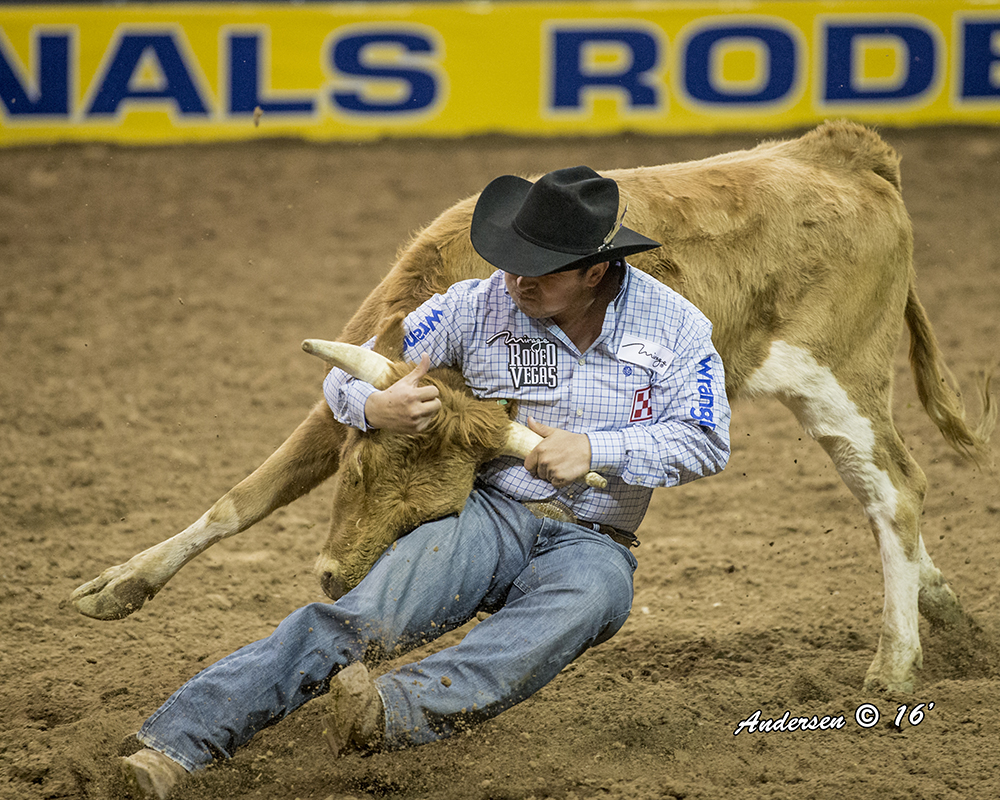Riley Duvall returns to the National Finals Rodeo for the second time in three years, carrying on a longstanding family tradition in steer wrestling. He heads to Vegas 12th in the bulldogging world standings. (PHOTO BY RIC ANDERSEN)