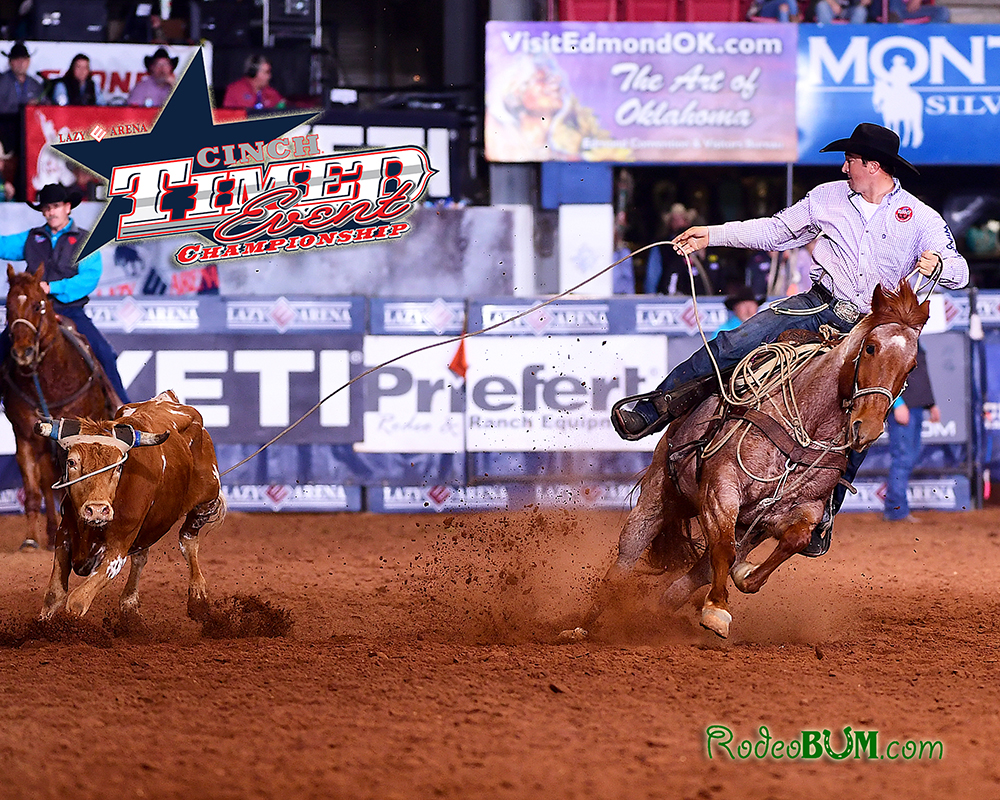 Reigning champion Jordan Ketscher finishes off his 60.7-second first round, the fastest of the afternoon performance of the CINCH Timed Event Championship. He earned $3,000 for the feat. (PHOTO BY JAMES PHIFER)