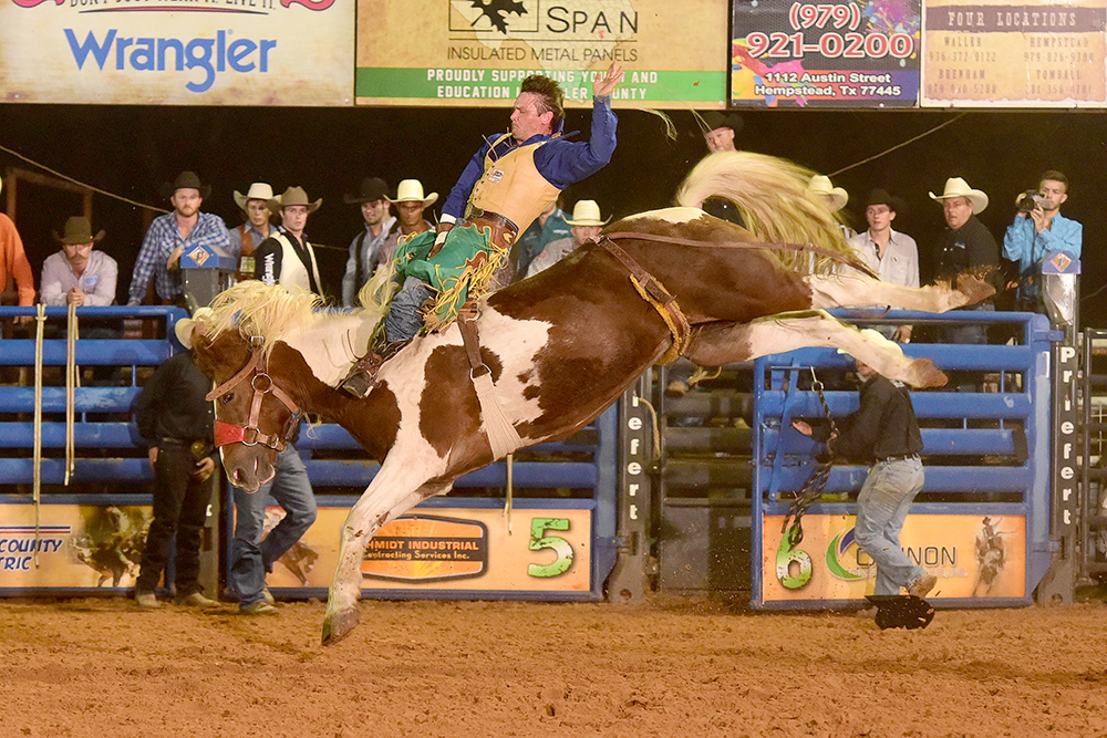Yance Day rides Pete Carr Pro Rodeo's YoYo for 85 points to take the bareback riding lead at the Waller County Fair and Rodeo. (PHOTO BY DANIEL BECKENDORF)