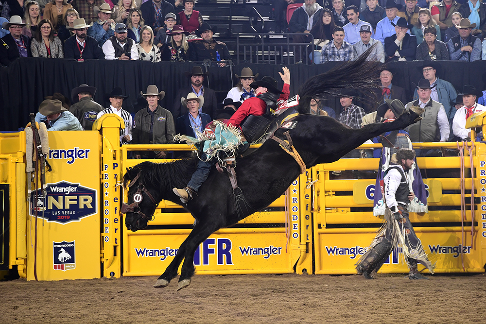 Tanner Aus rides Cervi's William Wallace for 88.5 points to finish in a tie for third place in Friday's ninth round of the National Finals Rodeo. (PRCA PRORODEO PHOTO BY JAMES PHIFER)