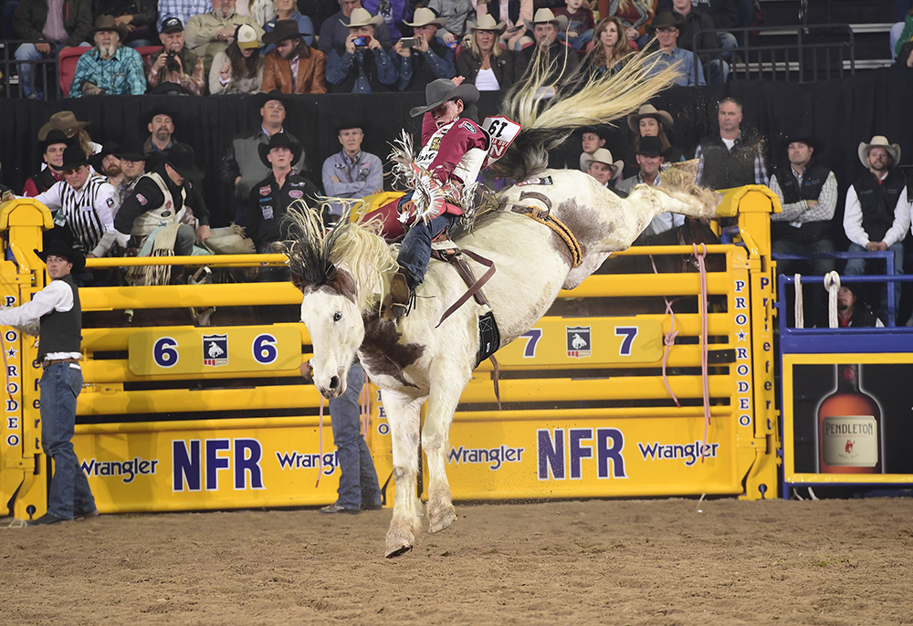 Tim O'Connell rides Powder River Rodeo's Two Buck Chuck for 88 points during Thursday's first round of the National Finals Rodeo to finish fifth. (PRCA PRORODEO PHOTO BY JAMES PHIFER)