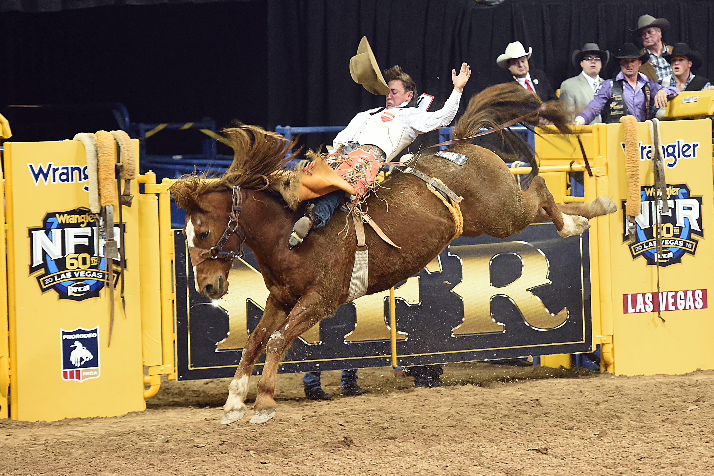 Clayton Biglow rides Frontier Rodeo's Tip Off for 86.5 points to finish third in Friday's second round of the National Finals Rodeo. (PHOTO BY ROBBY FREEMAN)
