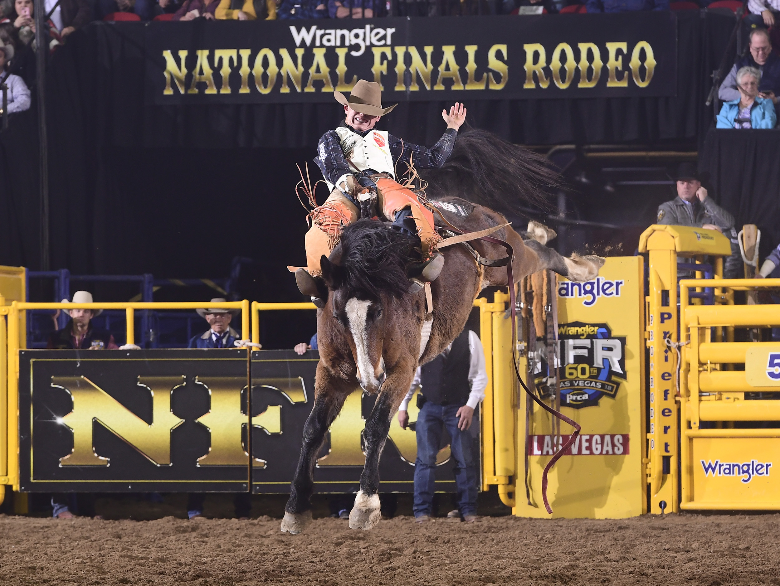 Clayton Biglow rides Frontier Rodeo's Big Night for 86.5 points to finish in a tie for fourth place in Wednesday's seventh go-round of the National Finals Rodeo. (PRCA PRORODEO PHOTO BY JAMES PHIFER)