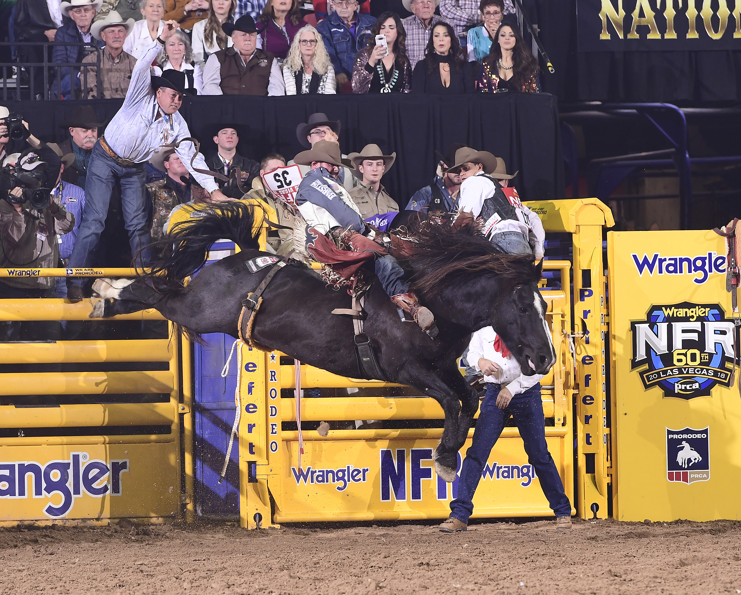 Mason Clements rides Stace Smith's Black Cactus for 84.5 points Sunday night to place for the third time in four rounds. (PRCA PRORODEO PHOTO BY JAMES PHIFER)