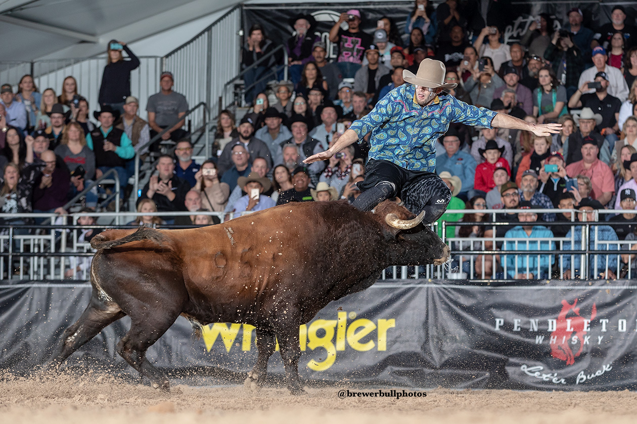 Beau Schueth jumps is bull during the final day of the FlexFit Preliminary Rounds of the Bullfighters Only Las Vegas Championship at the Tropicana Las Vegas. (PHOTO BY TODD BREWER)