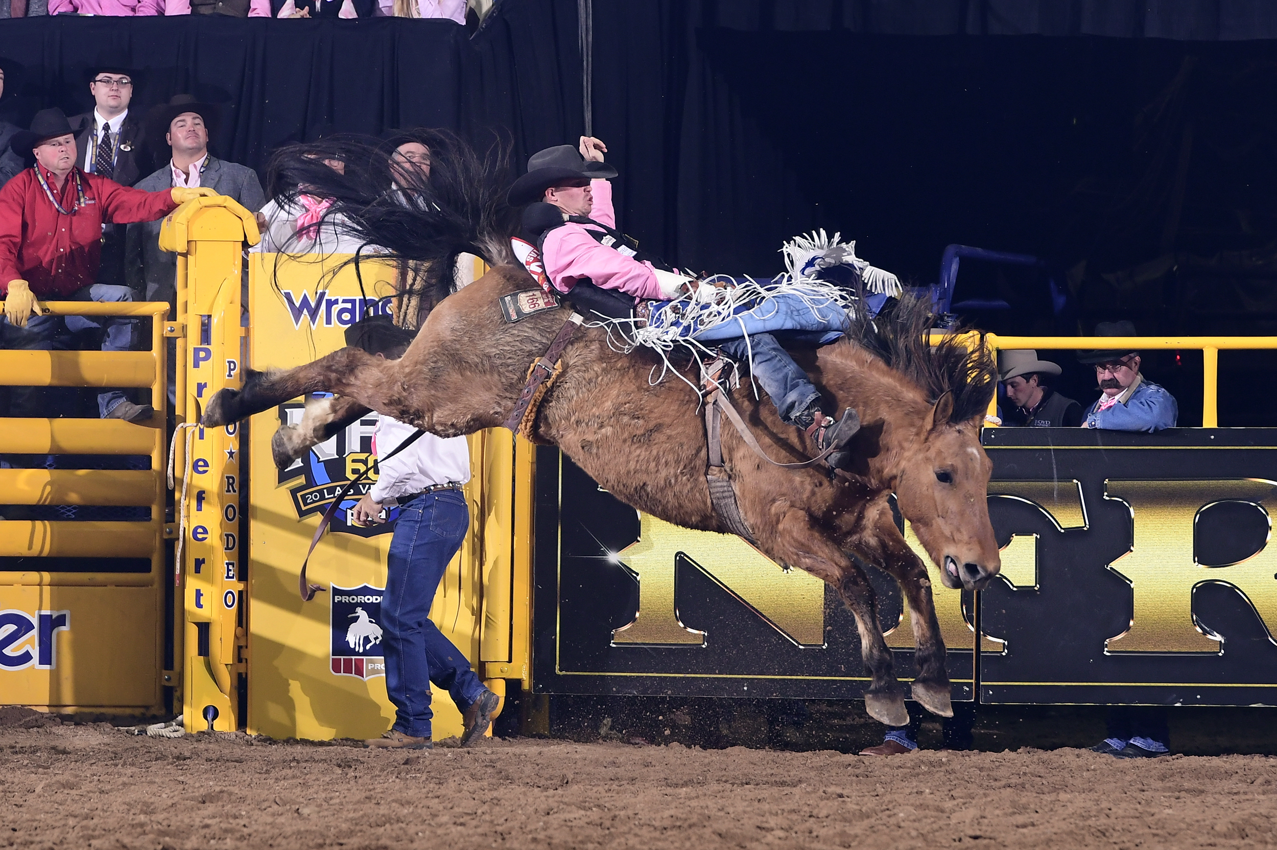 Orin Larsen rides Painted River for 87 points to finish sixth during Monday's fifth round of the National Finals Rodeo. It's his second payday of this year's NFR. (PRCA PRORODEO PHOTO BY JAMES PHIFER)