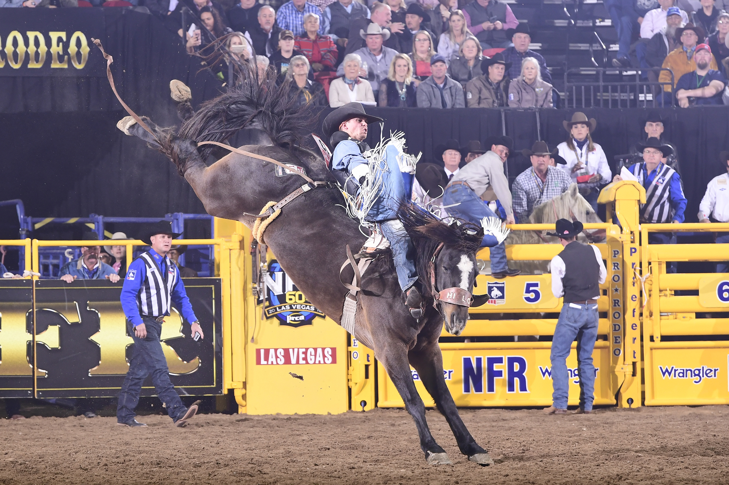 Orin Larsen rides Hi Lo ProRodeo's Pretty Woman for 87 points to finish third in Thursday's eighth round at the National Finals Rodeo. (PRCA PRORODEO PHOTO BY JAMES PHIFER)