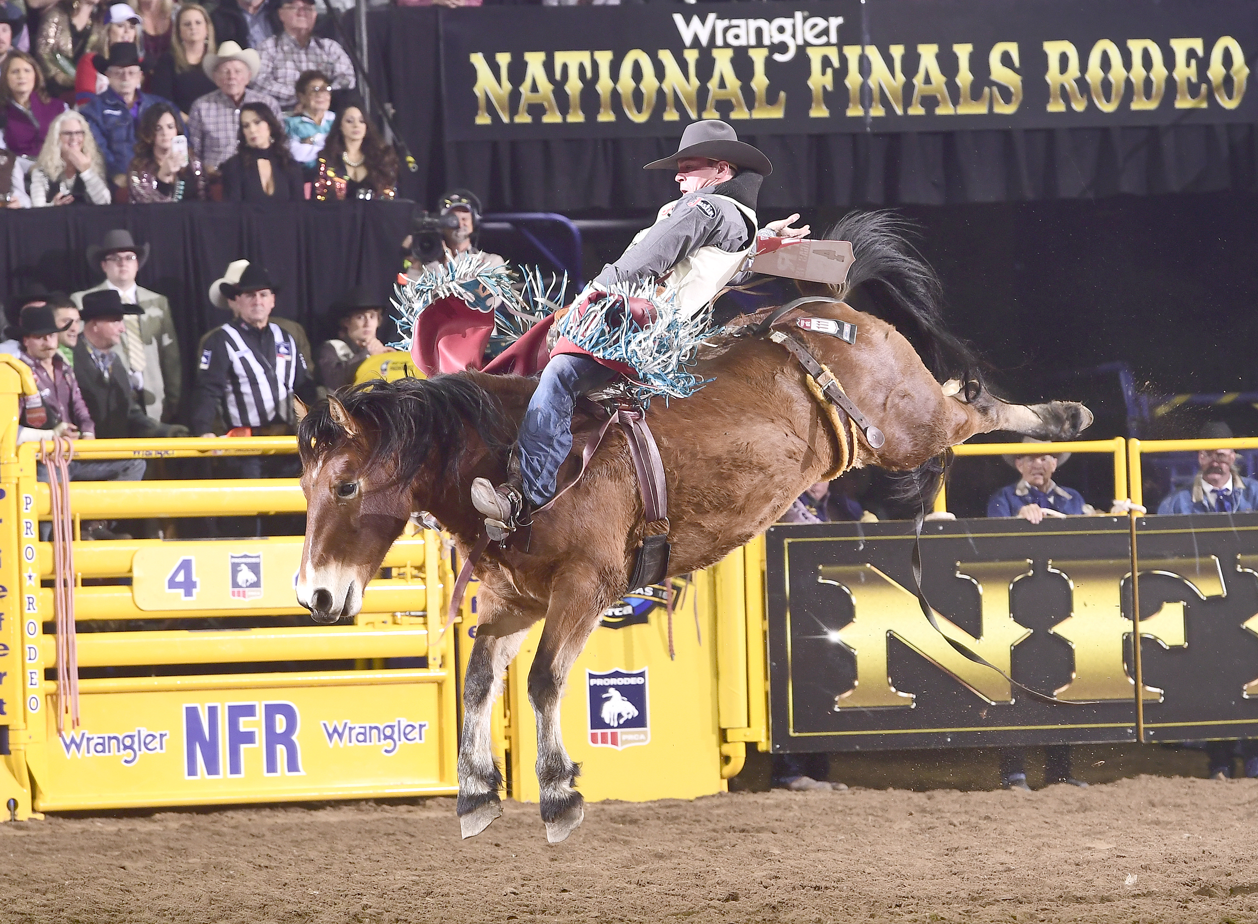 After a slow start, two-time world champion bareback rider Tim O'Connell has picked up two key paychecks in Rounds 3 and 4. On Sunday night, he rode Burch Rodeo's Pip Squeak for 84.5 points. (PRCA PRORODEO PHOTO BY JAMES PHIFER)