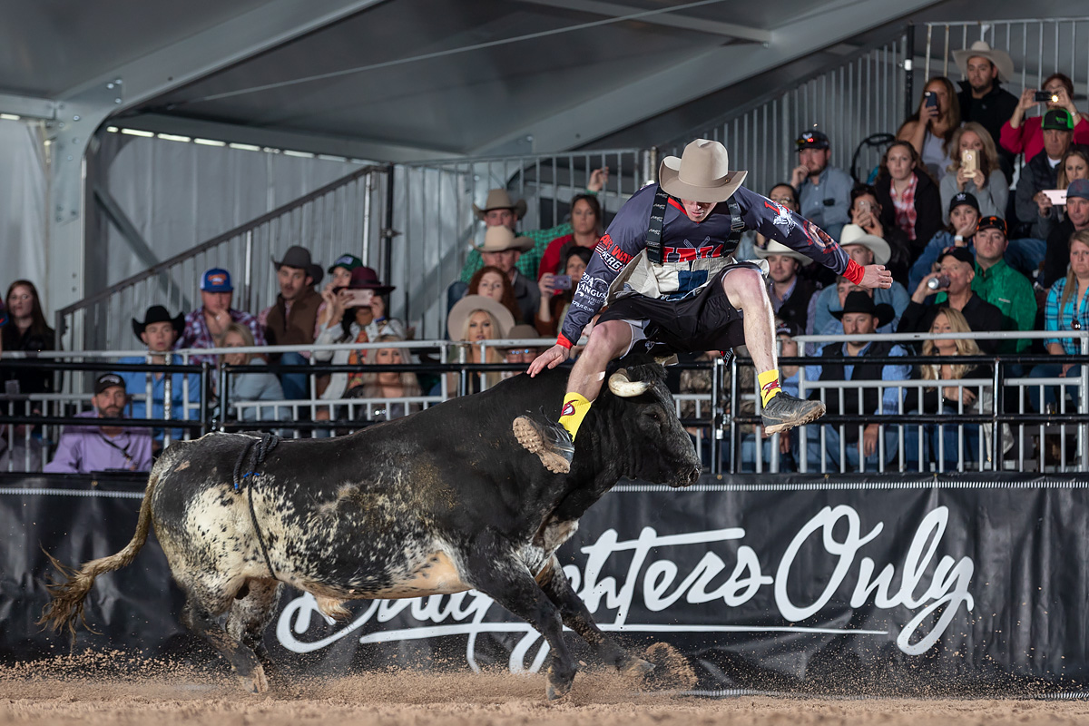 Justin Ward leaps over a bull during the Bullfighters Only Las Vegas Championship. He was named the BFO Rookie of the Year. (PHOTO BY TODD BREWER)