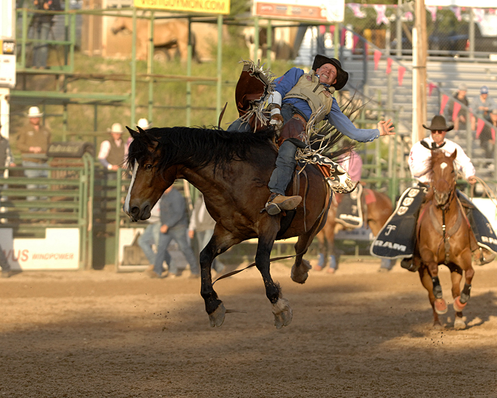 Ty Breuer rides Frontier Rodeo's Short Night for 85 points to take the early lead during Friday's first appearance of the Guymon Pioneer Days Rodeo. (PHOTO BY ROBBY FREEMAN)
