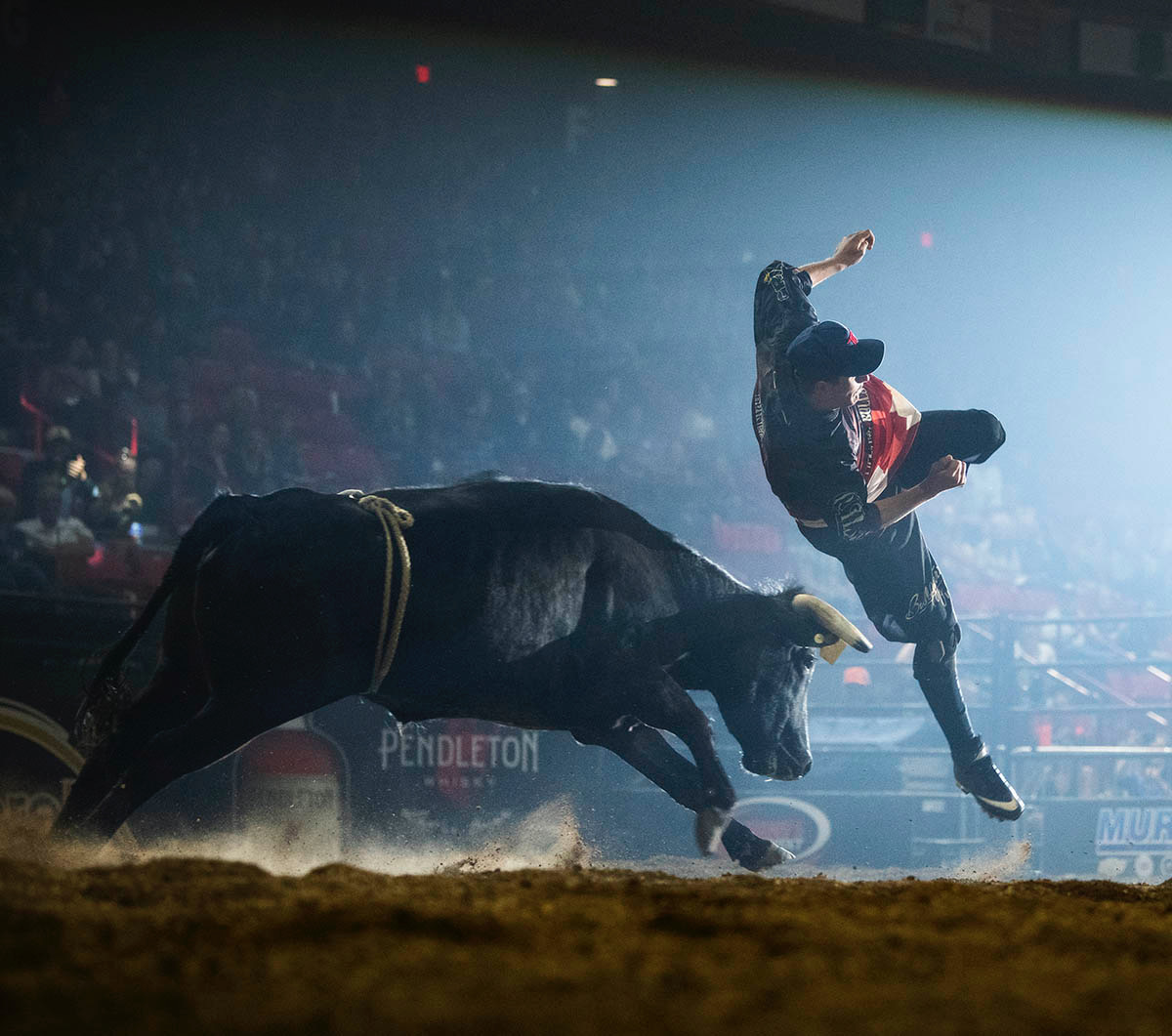 Aaron Mercer of Calgary, Alberta, competes at the Alpha Bull-Bullfighters Only event in Moose Jaw, Saskatchewan, earlier this month. His win there pushed him to No. 1 in the BFO Pendleton Whisky World Standings and stands as proof of the excellent freestyle bullfighting that has been established by BFO Canada. (PHOTO BY TODD KOROL)