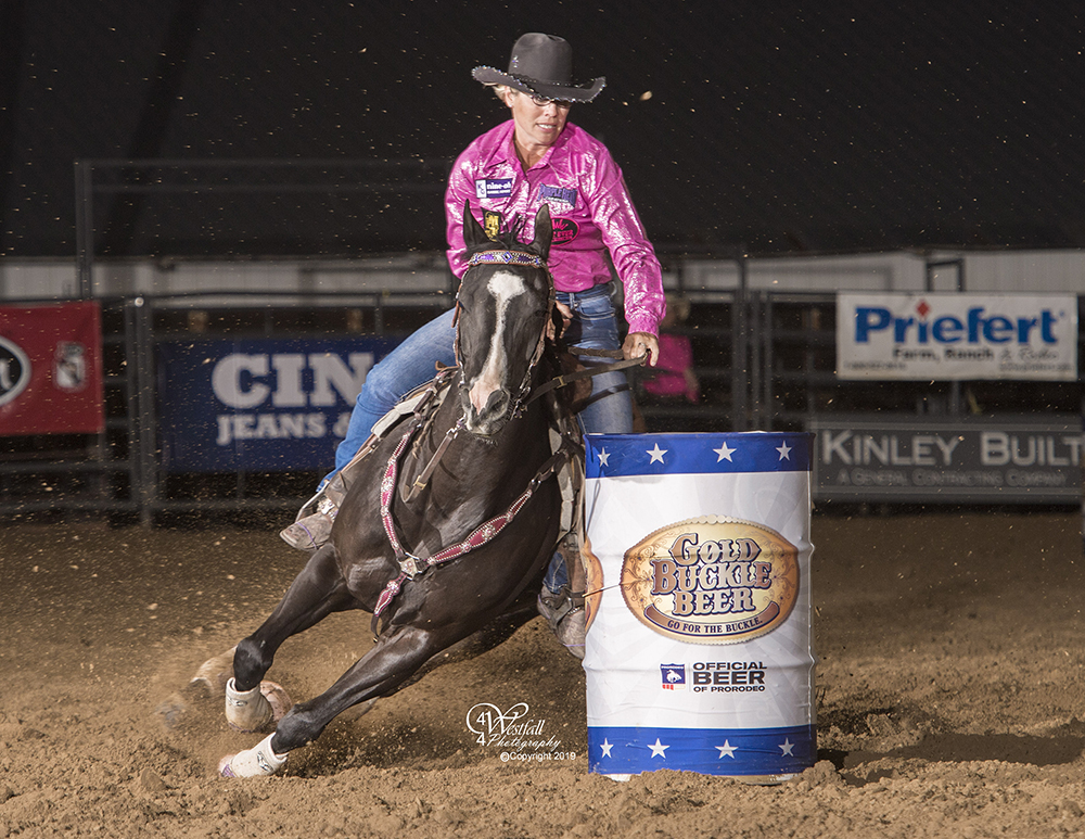 Kathy Grimes made a spectacular, 16,64-second run to establish a new arena record at Rooftop Rodeo. (PHOTO BY GREG WESTFALL)
