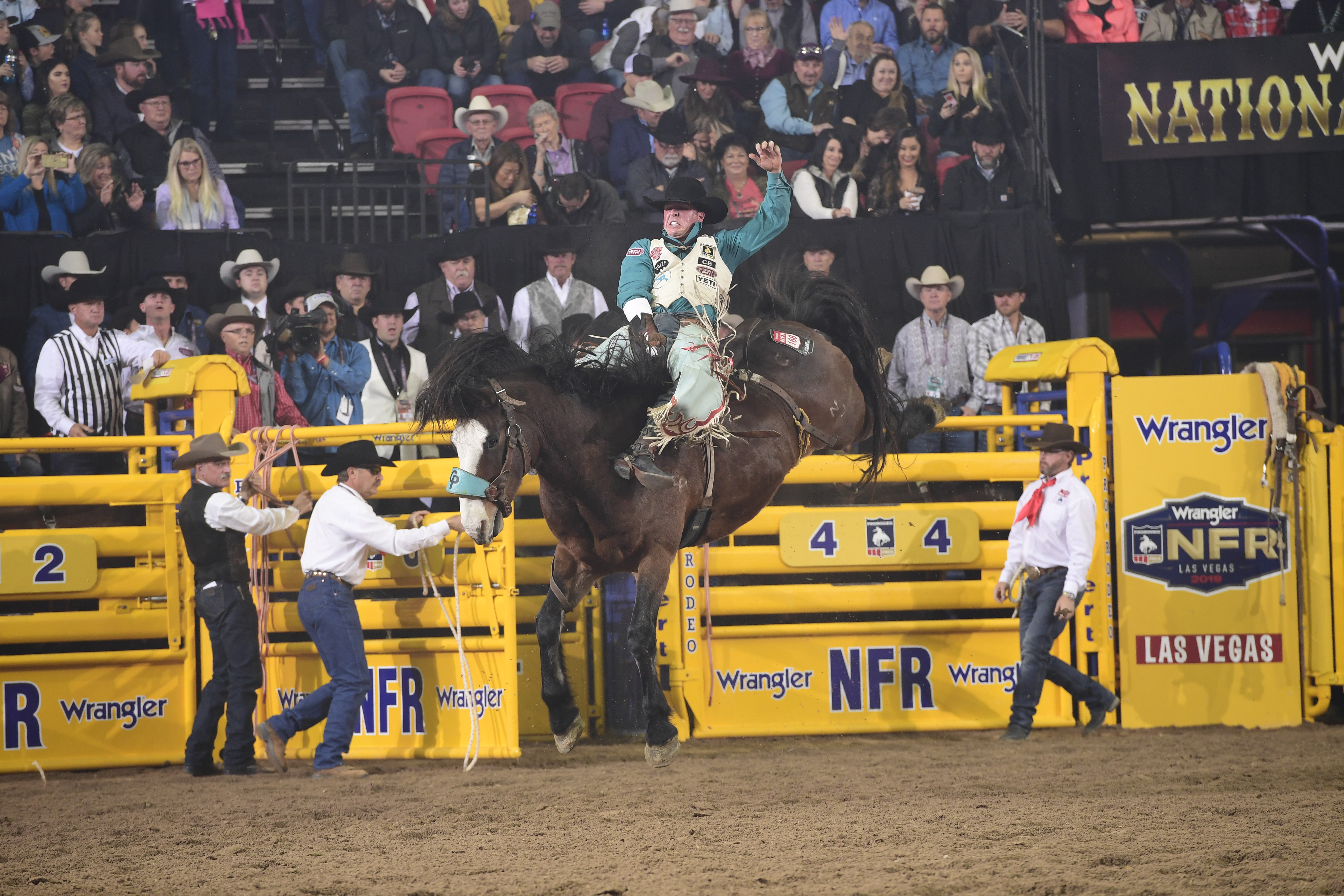 Richmond Champion rides Pickett Pro Rodeo's Faded Night to finish off his National Finals Rodeo third in the average. he earned nearly $110,000 in 10 days. (PRCA PRORODEO PHOTO BY JAMES PHIFER)