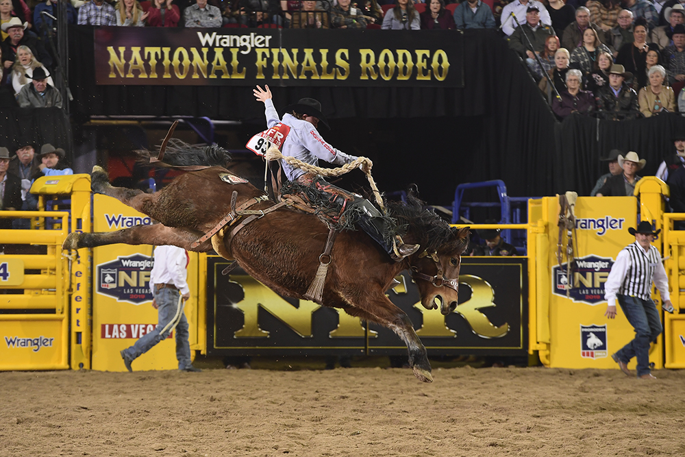Colt Gordon rides Outlawbuckers Rodeo's Little Muffin for 85 points to finish in a three-way tie for fourth place in Tuesday's sixth round of the National Finals Rodeo. (PRCA PRORODEO PHOTO BY JAMES PHIFER)