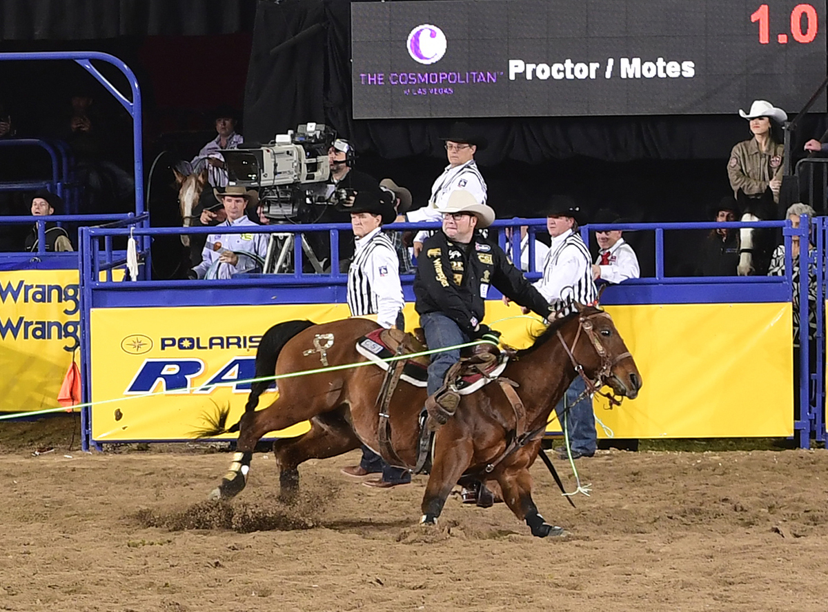 Coleman Proctor and his partner, Ryan Motes, scored a 3.8-second run to finish second in Sunday's fourth round of the National Finals Rodeo. (PRCA PRORODEO PHOTO BY JAMES PHIFER)