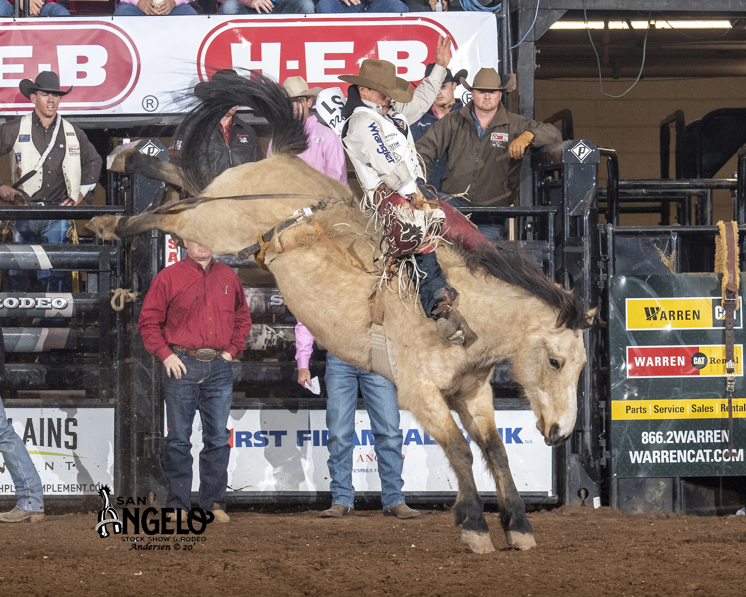 Reigning world champion bareback rider Clayton Biglow rides Northcott Macza's Time Machine for 84 points to catch a little first round money while qualifying for Friday's short round at the San Angelo Stock Show and Rodeo. (PHOTO BY RIC ANDERSEN