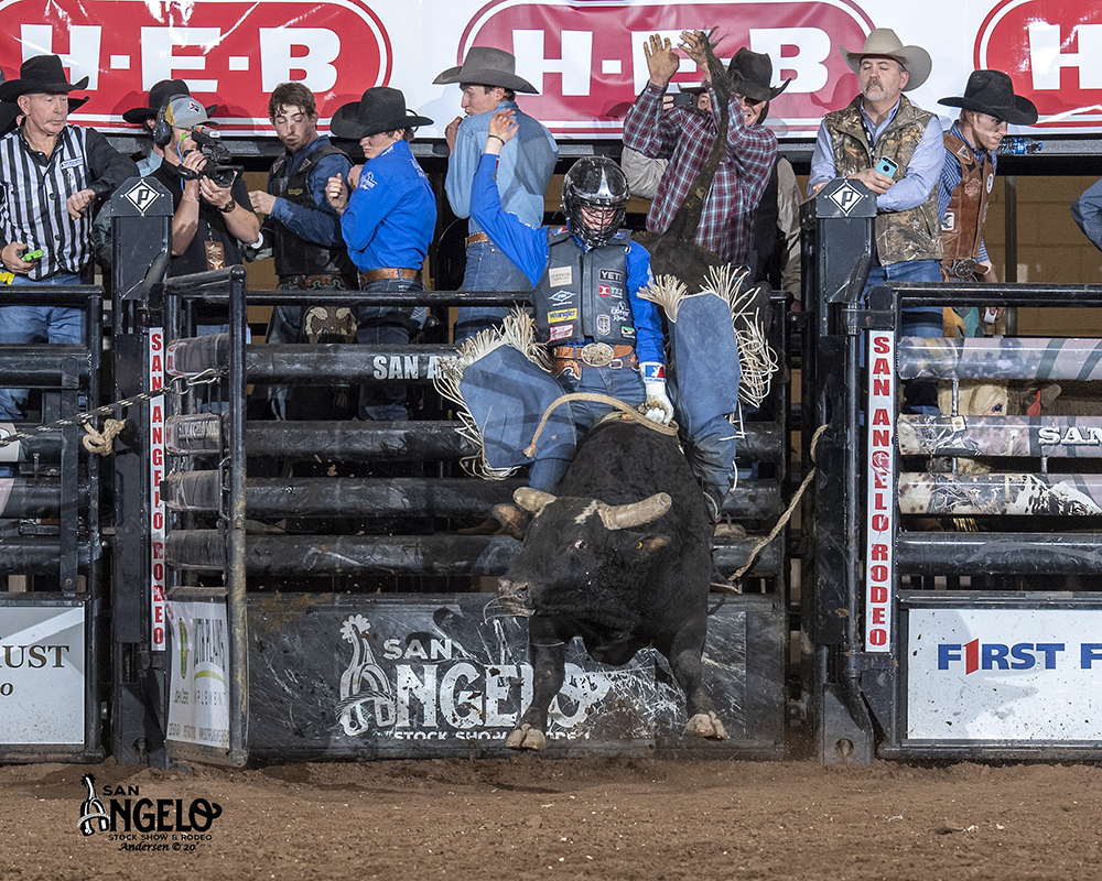 Stetson Wright rides Rafter H Rodeo's Left Lane for 87.5 points to win the inaugural San Angelo Xtreme Bulls title on Sunday afternoon. (PHOTO BY RIC ANDERSEN)