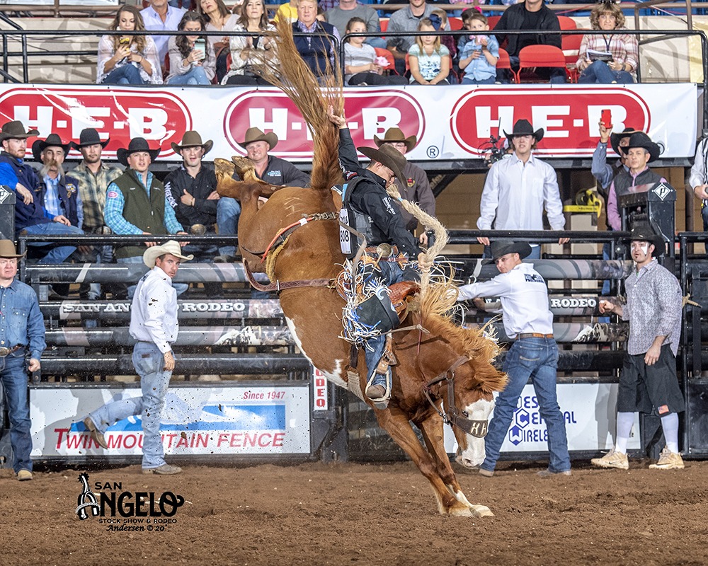Two-time world champion Zeke Thurston rides Hampton Pro Rodeo’s Rising Tide for 90 points Saturday to take the saddle bronc riding lead at the San Angelo Stock Show and Rodeo. (PHOTO BY RIC ANDERSEN)