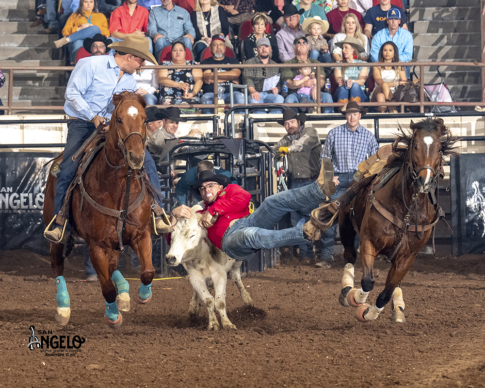 Matt Reeves transitions to his steer during a 3.9-second run Sunday to take a share of the second-round lead and atop the overall lead by himself at the San Angelo Stock Show and Rodeo. (PHOTO BY RIC ANDERSEN)