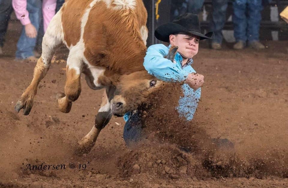 Bridger Anderson has won the Central Plains Region bulldogging title for the second straight year, including this year's shortened season because of COVID-19. (PHOTO BY RIC ANDERSEN, courtesy of Bridger Anderson)