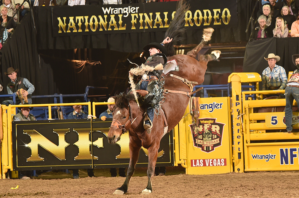 Rusty Wright rides Frontier Rodeo's Medicine Woman at the 2016 National Finals Rodeo. That season marked the fourth time Medicine Woman earned the Saddle Bronc of the Year title. The horse has been a standout at Dodge City Roundup Rodeo. (PHOTO COURTESY OF FRONTIER RODEO)