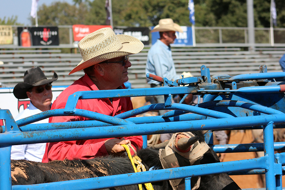 John Gwatney prepares to open the chute during a timed-event run at a recent rodeo. He and other members of the Pete Carr Pro Rodeo team are important factors at each rodeo they work.