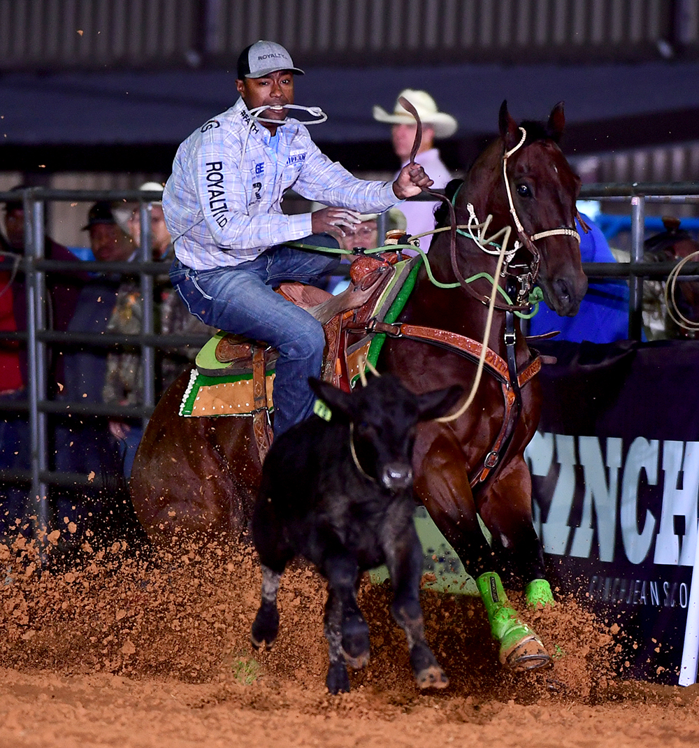 For the second time in its seven-year existence, county resident and NFR qualifier Cory Solomon won the Tie-Down Roping Eliminator Challenge at the Waller County Fair and Rodeo. (PHOTO BY JAMES PHIFER)