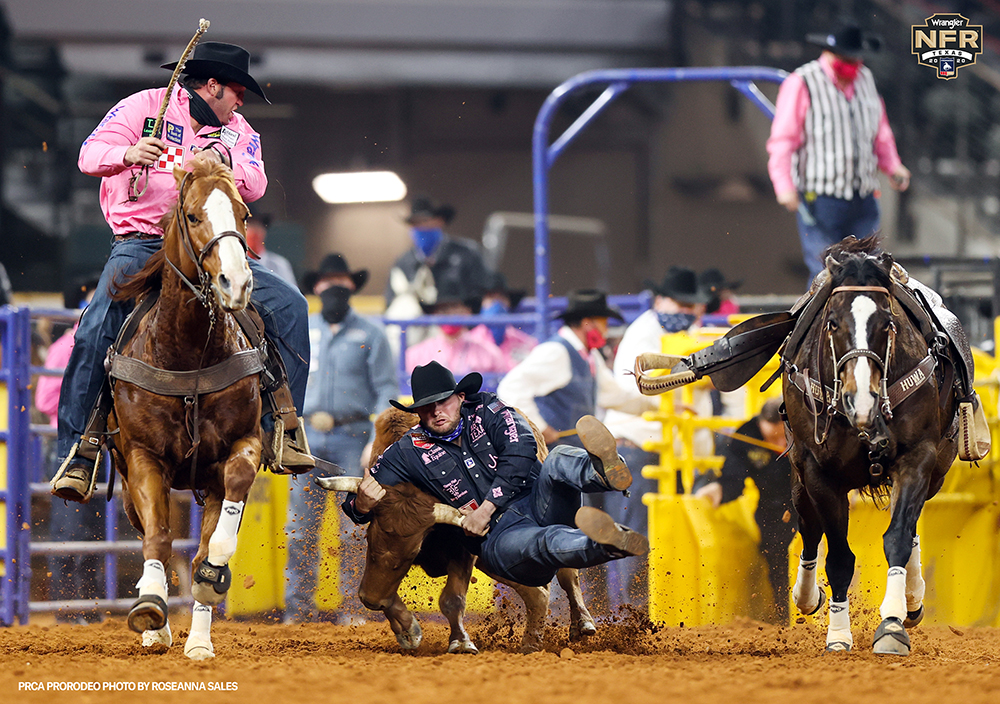 Jace Melvin grabs his steer en route to a 3.9-second run, which shared Monday's fifth-round victory at the National Finals Rodeo. (PRCA PRORODEO PHOTO BY ROSANNA SALES)