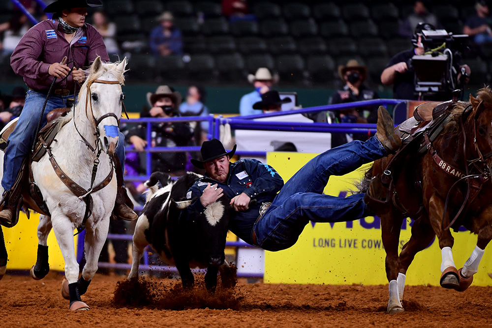 Jacob Edler transitions to his steer during his 3.9-second run, which helped him finish in a tie for fourth place in Wednesday's seventh round of the National Finals Rodeo. (PHOTO BY JAMES PHIFER)