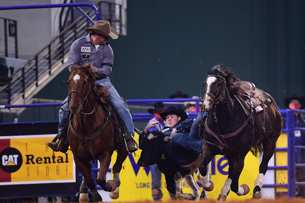 Jacob Edler transitions to his steer during a 4.0-second run, which helped him tie for fourth in Thursday's opening round of the National Finals Rodeo. (PHOTO BY JAMES PHIFER)