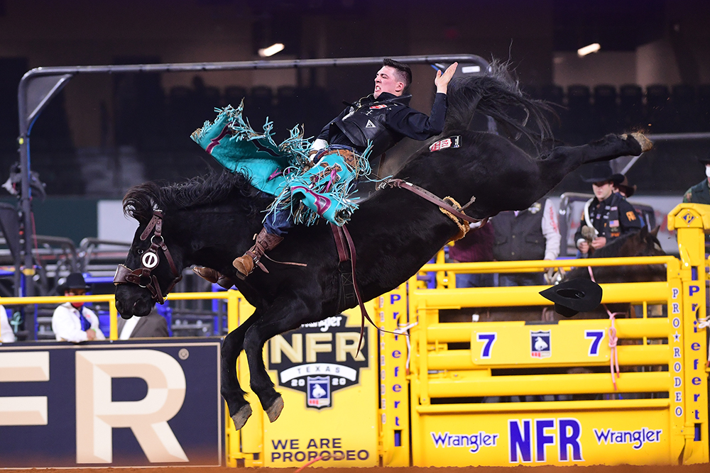Jess Pope rides Cervi's William Wallace for 87 points to split second place in Thursday's first round of the National Finals Rodeo. (PHOTO BY JAMES PHIFER)